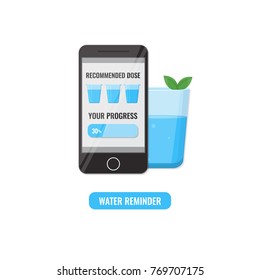 Smartphone with application for remind drink recommend dose of water every day and tracking your progress. Healthy lifestyle concept. Vector illustration.