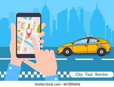 The smartphone with the application of services of a city taxi on ekrane.vector an illustration of smart concept of services taxi online.