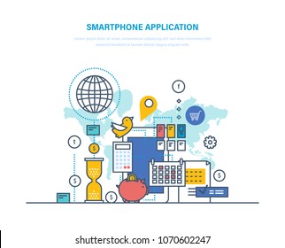 Smartphone application. Software for mobile devices. Electronic applications for phones. Interaction between devices, development programs, online technologies, service. Illustration thin line design.