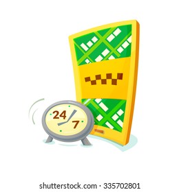 Smartphone with application taxi and clock, concept around the clock taxi, vector illustration