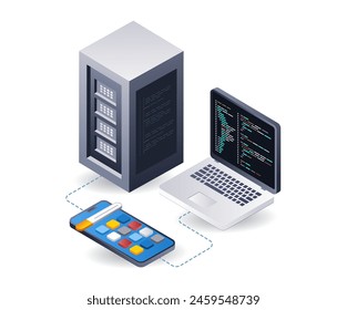 Smartphone-Anwendungstechnik Datenserver Infografik 3D-Illustration flach isometrisch