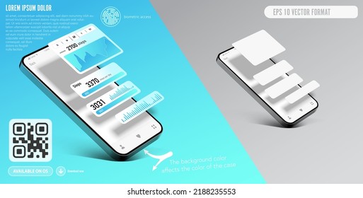 Smartphone application template with app frames that pop up from the screen - realistic vector graphics for the presentation of a mobile application with a description and QR code link