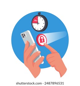 Smartphone application for time control. Phone screen lock. Rest from gadget and social networks. Vector illustration isometric design. Isolated on white background. Phone with closed lock in hand.