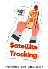 Smartphone with application to track parcel from shop, isolated mobile with satellite tracking. Commerce and shopping orders, best service for customers and clients, label. Vector in flat style