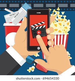 Smartphone application. Vector illustration. On line order of cinema tickets. 
