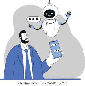 Smartphone application voice assistant, flat illustration man communicates with chatbot, AI helps analyze information. Concept machine intelligence in everyday use, data collection, robot responds
