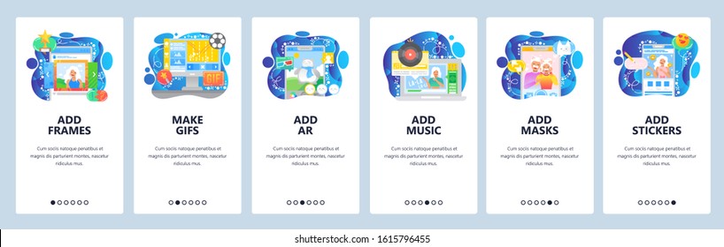 Smartphone applications, GIF, augmented reality games, face mask, stickers, music streaming. Mobile app onboarding screens. Menu vector banner template for website and mobile development. Web site