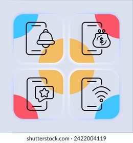 Smartphone with applications line icon set. Share, alarm, favorites, search, browser, Wi-Fi, store. Glassmorphism style. Vector line icon for business and advertising