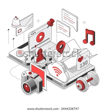 Smartphone applications - red and black line illustration. Idea of using the phone as work tool, photography, communication, sports and hobby device. Social media, wi-fi, music, dumbbell