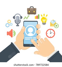 Smartphone apps and chat. Solving business problems, chatting and paying with smartphone.