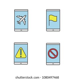 Smartphone apps color icons set. Flight mode, GPS navigator, error, no signal sign. Isolated vector illustrations