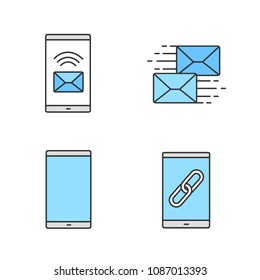 Smartphone apps color icons set. Incoming message, mailing, mobile phone, link sharing. Isolated vector illustrations