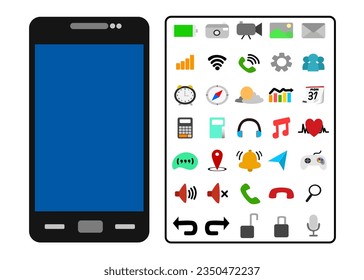 icono de funciones y aplicaciones de smartphone utilizadas para decorar la presentación de medios 