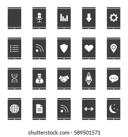Smartphone apps glyph icons set. Silhouette symbols. Smart phone sport, medical, protection, business, statistics, gps apps. Vector isolated illustration