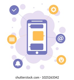 Smartphone with apps icons, mobile communication flat design concept. Vector illustration
