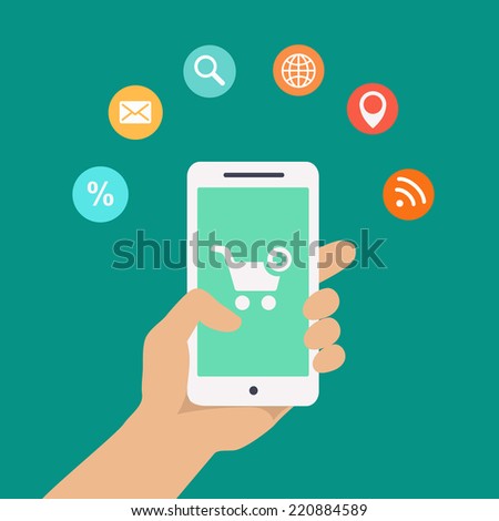 Smartphone apps infographics with a hand holding a phone with circular icons for shopping cloud computing mail wifi  search and route finder or maps