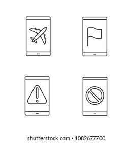Smartphone apps linear icons set. Flight mode, GPS navigator, error, no signal sign. Thin line contour symbols. Isolated vector outline illustrations