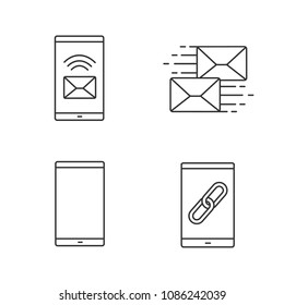 Smartphone apps linear icons set. Incoming message, mailing, mobile phone, link sharing. Thin line contour symbols. Isolated vector outline illustrations