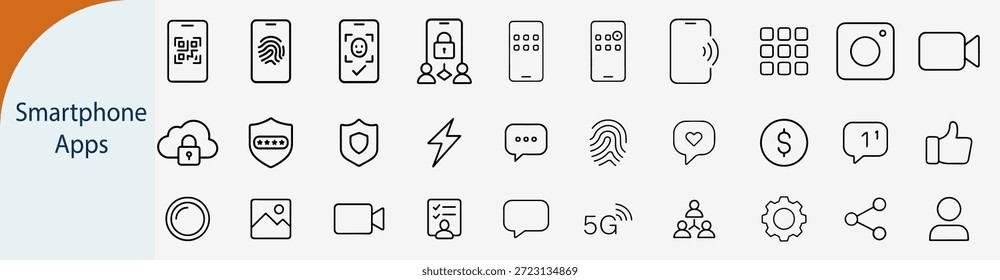 App de teléfonos inteligentes e íconos de interfaz móvil, interfaz de usuario de tecnología digital, Vector de línea delgada