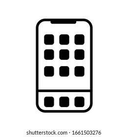 Smartphone with apps on display outline vector icon. Cellphone sign. Communication device. Gadget. Modern telephone. Portable phone mockup. Technology element. Flat simple line illustration.