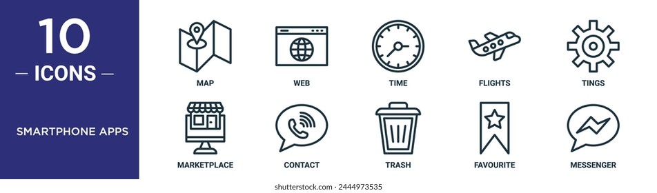 smartphone apps outline icon set includes thin line map, web, time, flights, tings, marketplace, contact icons for report, presentation, diagram, web design