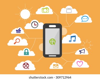 Smart-phone apps and system function flat icon design . modern business info graphics element with cloud abstract background 