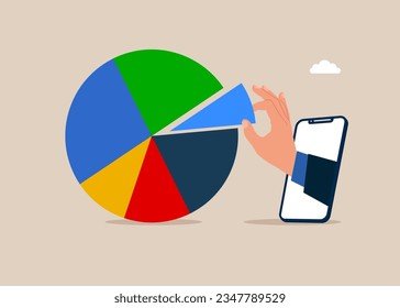 Smartphone arrange pie chart as suitable for risk and return. Investment asset allocation and rebalance. Vector illustration