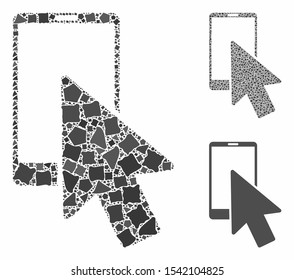 Smartphone arrow pointer mosaic of rough pieces in different sizes and color hues, based on smartphone arrow pointer icon. Vector rough elements are organized into collage.