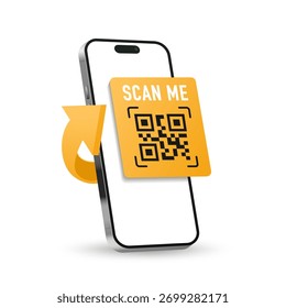 A smartphone with arrow. QR Code Verification. Scan me frame. QR code scan for smartphone. QR code for mobile app. Contactless payment. Vector illustration