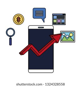 smartphone with arrow statistics and business icons