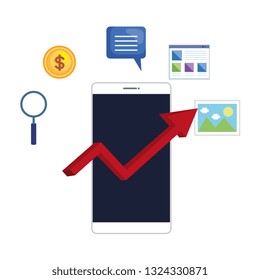 smartphone with arrow statistics and business icons