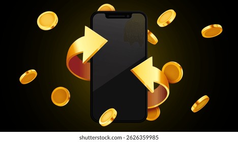 Smartphone with arrows and coins. Money back, cashback or online shopping concept. Vector illustration