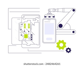Smartphone assembling abstract concept vector illustration. Process of smartphones manufacturing on conveyor at factory, electronics production, modern gadgets assembling abstract metaphor.