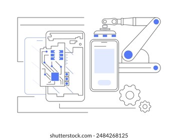 Smartphone assembling abstract concept vector illustration. Process of smartphones manufacturing on conveyor at factory, electronics production, modern gadgets assembling abstract metaphor.