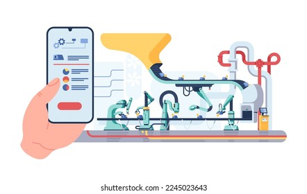 Smartphone para control de línea de ensamblado. Aplicación móvil. Cinturón de transporte. Producción industrial automática. Fabricación de monitoreo de ingenieros por aplicación telefónica. Industria moderna