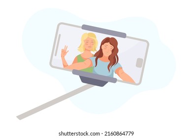 Smartphone Attached to Selfie Stick Recording Video with Camera Filming Picture of Young Female on Screen Vector Illustration