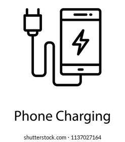 A smartphone attached with switched cable having battery sign depicting phone charging 