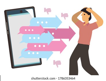 Smartphone with attacking arrows. Cyber bulling concept with messages attacking the businessman. Vector illustration.