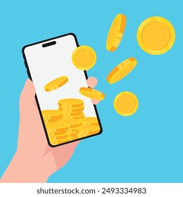 Smartphone attracting money coins, Gold coin fly out of a mobile phone, Hand holding smartphone with golden coin move out of display.