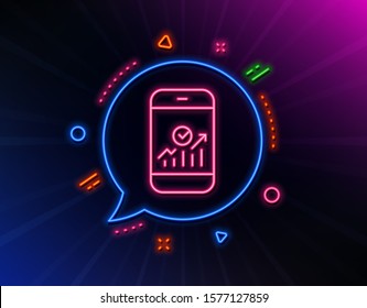 Smartphone Audit or Statistics line icon. Neon laser lights. Business Analytics with charts symbol. Glow laser speech bubble. Neon lights chat bubble. Vector