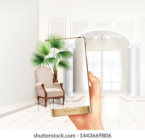 Smartphone augmented virtual reality touch screen interior application helps placing plants and furniture realistic composition vector illustration 