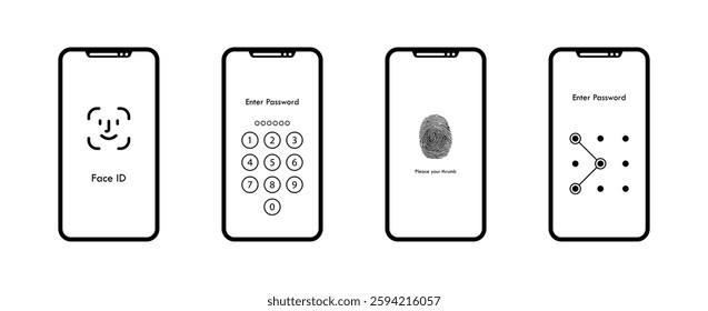 Smartphone authentication methods: face id, password, fingerprint, pattern lock. Vector icon