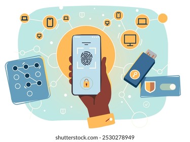 Smartphone authentication safety. Hand holding mobile cell phone with fingerprint lock on screen, unlock pattern, security key. Cellphone authorization protection concept flat vector illustration