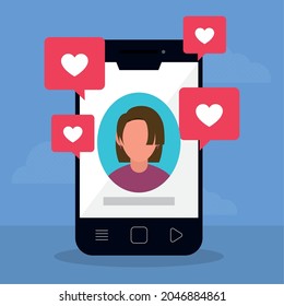 smartphone with avatar woman and likes around