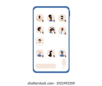 Smartphone with avatars on screen. Social media networking app. Audio chat. Talking with friends with woice and phone. Online conference with different people. Vector illustrator.