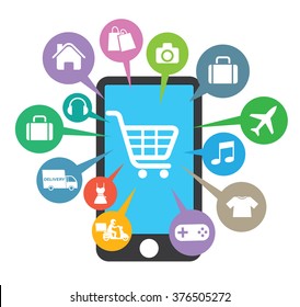 Smartphone with awning and basket online shop, ecommerce concept vector

