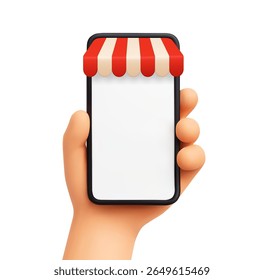 Smartphone com toldo. Mão segurando celular com barraca de frente de loja listrada vermelha. Compras on-line, comércio móvel, elemento de mercado de comércio eletrônico. Telefone de renderização 3D com guarda-sol da cobertura. Montagem de vetor.