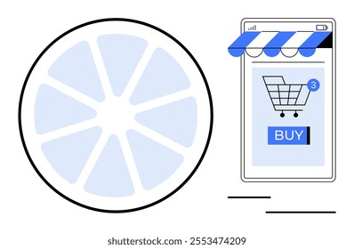 Smartphone with awning showing shopping cart and buy button. Ideal for online shopping, e-commerce, digital marketing, mobile apps, and internet retail. Simple modern flat style, uses blue, black