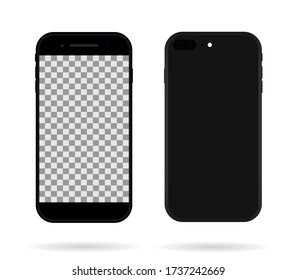 Teléfono inteligente en la parte de atrás y delantera. La burla telefónica aislada en fondo blanco. Móvil moderno negro realista. Pantalla en blanco en el teléfono móvil. Plantilla de perspectiva de dispositivo para sitio web, negocio, banner. Vector.