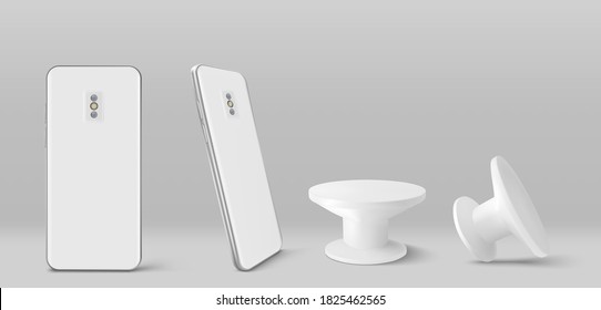 Smartphone back and pop socket holder in front and angle view. Vector realistic mockup of white mobile phone and blank circle pop grip isolated on grey background